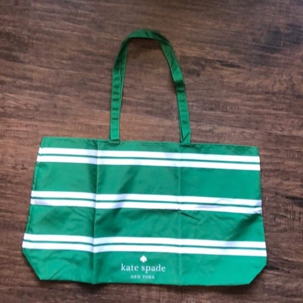 KATE SPADE Large Green White Stripe Foldable Tote Bag